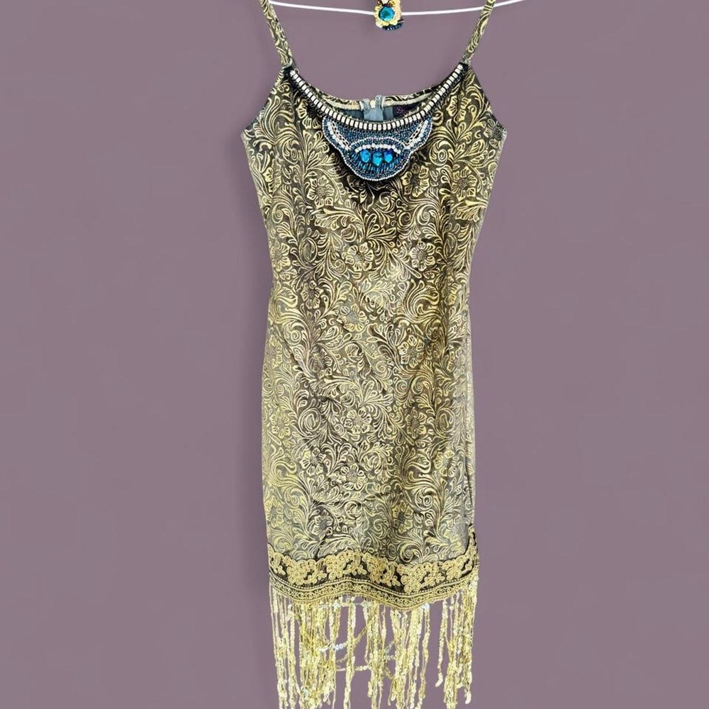 Dreamgirl 10702 Golden Girl 1920s Flapper Costume Dress Gold Black Fringe Large